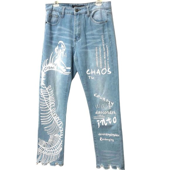Fire & Rain Denim Jeans Mens 32x30 Light Wash Blue Graffiti Graphics Streetwear - Picture 1 of 12